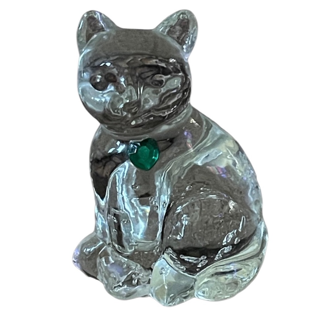 Vintage Lefton Crystal Cat Figurine May Emerald Heart Crystal Birthstone Accent
